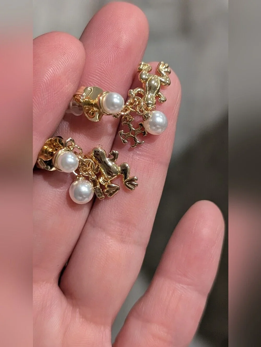 Tory Burch Style Gold-Plated Pearl  Frog Charm Drop Earrings - Used